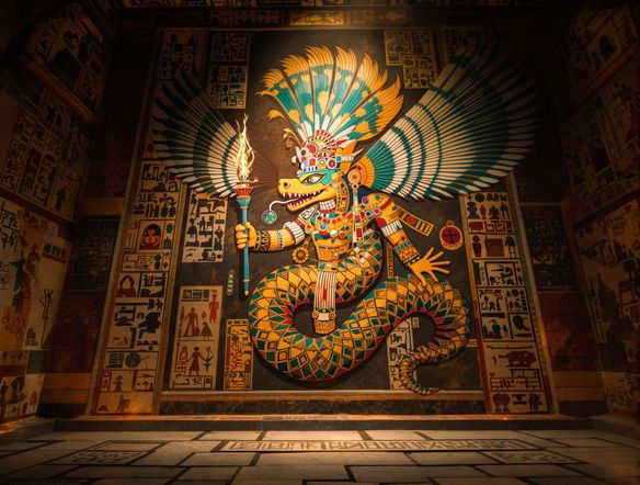 An intricate Mayan fresco depicting a feathered serpent deity, rendered in the style of ancient Maya wall paintings, vibrant natural pigments, detailed hieroglyphs, within a temple setting, generated by a Mesoamerican temple art generator.