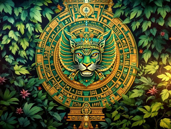 Intricate Mayan temple mural art depicting a jaguar god, vibrant colors, ancient Maya wall painting style, detailed hieroglyphs, jungle foliage in background.