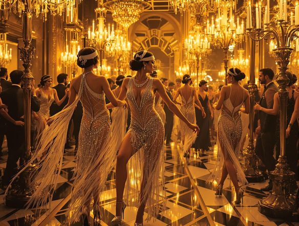 A roaring twenties party scene with flapper dresses and jazz music, stylized in the Great Gatsby font, golden color scheme.