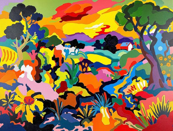 A Fauvist landscape painting with exaggerated, non-naturalistic colors, thick brushstrokes, and a sense of wild energy. A vibrant, expressive scene.