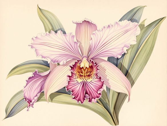 A highly detailed botanical illustration of a rare orchid, rendered in the style of antique scientific drawings, with delicate watercolor washes and precise linework. Botanical illustration generator.
