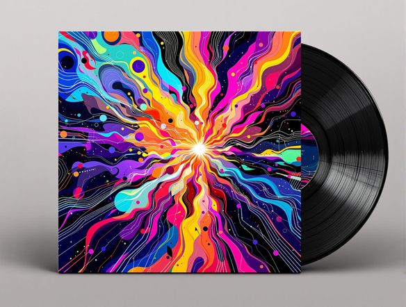 A vibrant, abstract design for a vinyl record sleeve, symbolizing a fusion of electronic music and natural elements, high detail, striking colors, modern aesthetic.