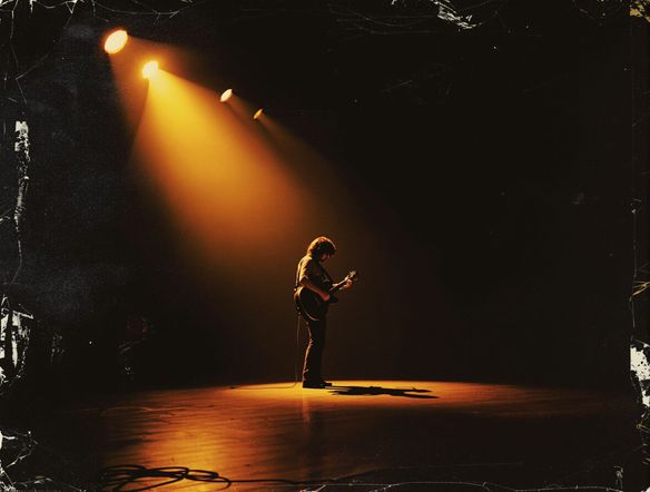 A vintage-inspired vinyl album cover featuring a grainy, 1970s-style photograph of a lone musician on stage, warm color palette, subtle texture, retro typography.