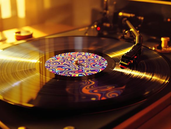A retro vinyl record spinning, with abstract, vibrant psychedelic patterns forming the album cover art, bathed in warm, nostalgic light.