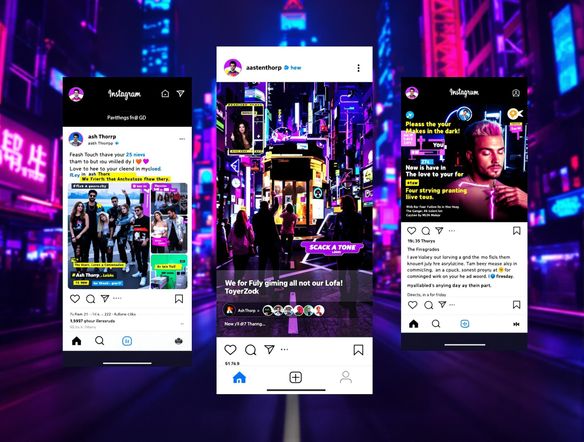 A vibrant collage of Instagram posts, each featuring eye-catching images and trending hashtags, set against a neon-lit cityscape backdrop.