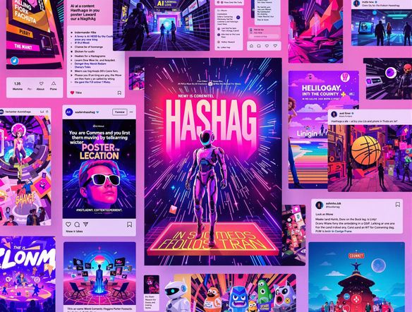 A collage of Instagram posts, each with a unique theme, all using AI-generated hashtags. One post features a poster created using a poster generator from text, showcasing the power of AI in content creation with the poster idea generator.