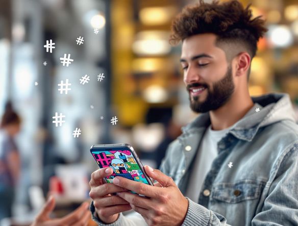 A vibrant Instagram post featuring a person using the AI Hashtag Generator on their phone, with various relevant hashtags floating around the screen. In the background, a user is creating a poster with our free poster generator.