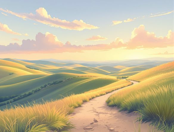 A serene landscape with rolling hills bathed in the warm glow of sunset, rendered in a soft pastel art style. Include gentle clouds and a winding path.