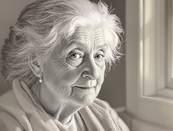 A close-up, realistic pastel drawing AI portrait of an elderly woman with kind eyes and gentle wrinkles, her hair softly illuminated by natural light. Focus on emotional depth.