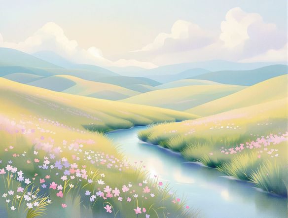 A serene landscape rendered in soft pastel colors, featuring rolling hills and a gentle stream, with a dreamy, artistic feel.