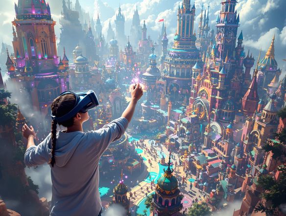 A user in VR goggles painting a vibrant, sprawling fantasy city in mid-air, with glowing particles and intricate architectural details, 3D art generator VR.