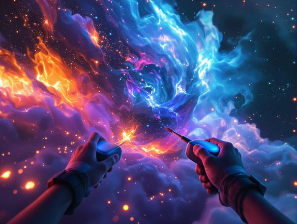 Close-up of hands wearing VR controllers, painting a glowing, ethereal nebula with vibrant colors in a dark virtual space, virtual reality drawing app.