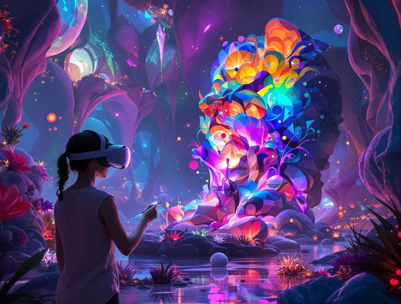 A person wearing a VR headset, holding a glowing brush, painting a vibrant, abstract sculpture in a surreal, digital landscape.