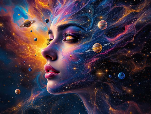 A surreal portrait of a woman composed of swirling galaxies and nebulae, inspired by cosmic imagery. Utilize the advanced features of our image generator AI to create intricate details and stunning visual effects.