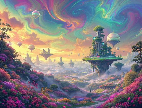 A vibrant, dreamlike landscape generated by AI, featuring floating islands, bioluminescent flora, and a sky filled with swirling colors, reflecting the boundless creativity of AI.