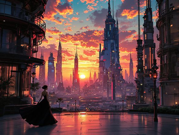 A breathtaking sunset over a futuristic cityscape, rendered in photorealistic detail. Use vibrant colors and dynamic lighting to showcase the power and precision of our AI photo generator.