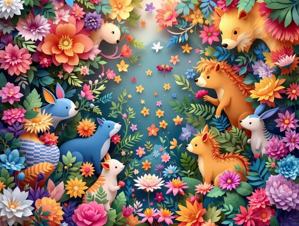 A vibrant and intricate papercraft collage featuring whimsical animals and floral elements, with a subtle digital overlay effect, showcasing the AI papercraft art generator.