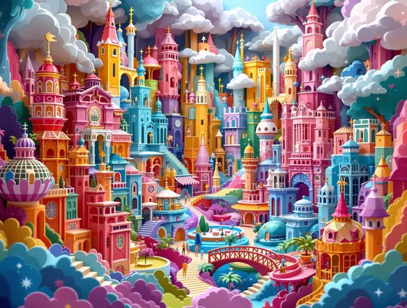 An imaginative cityscape constructed from vibrant, layered paper sculpture creator elements, showcasing a fantastical 3D paper art metropolis with intricate architectural details and a sense of depth.