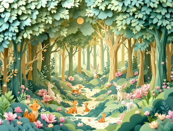 A whimsical forest scene rendered in a detailed kirigami style AI, featuring layered paper cutouts of trees, animals, and delicate floral elements. Soft, natural lighting.