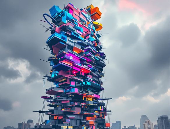 An AI-generated deconstructivist skyscraper with spiraling, disjointed sections and cantilevered elements that seem to defy gravity. The scene evokes controlled chaos design, with a vibrant, unexpected color palette on an overcast day.