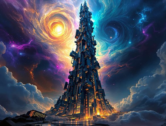 A surreal, gravity-defying building in the style of Deconstructivist architecture, fragmented and reassembled, with sharp angles and distorted perspectives, set against a vibrant, abstract sky.