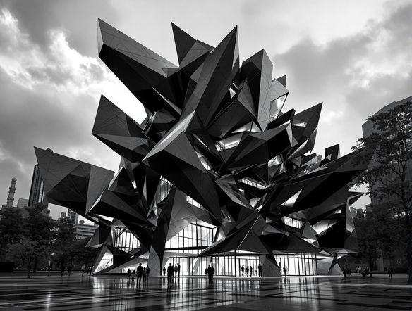 A striking deconstructivist building rendered in stark black and white, featuring sharp angles, skewed perspectives, and overlapping geometric forms. Fragmented architecture AI, dramatic lighting.