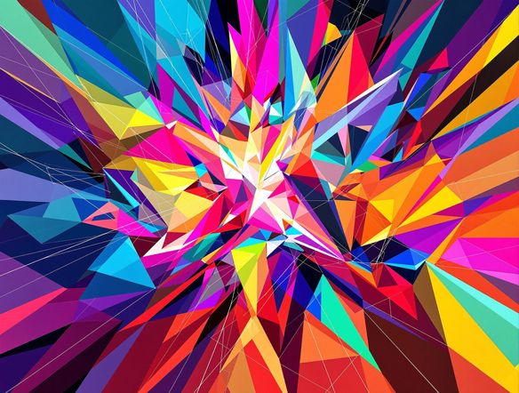 An abstract, vibrant geometric art piece with sharp lines and complex shapes, rendered in a modern digital style, showcasing AI geometry art principles.