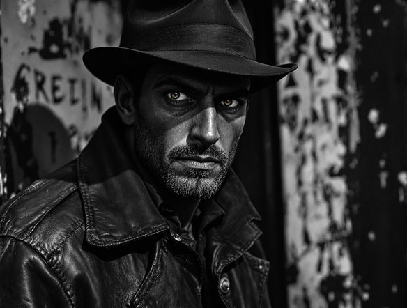 Generate a high-quality, black and white mugshot of a mysterious character with piercing eyes and a subtle smirk. The image should be suitable for use on a serious and authentic-looking wanted poster.