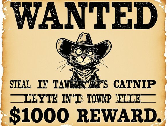 Create a vintage wanted poster featuring a mischievous-looking cartoon cat with a cowboy hat. The poster should be distressed and aged, with bold, uneven lettering. Include a reward amount and a humorous crime.