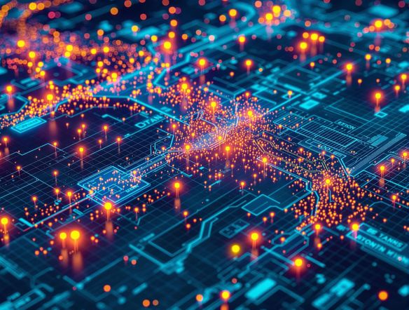 Abstract scatter plot with glowing data points representing design trends, overlaid on a blueprint background.