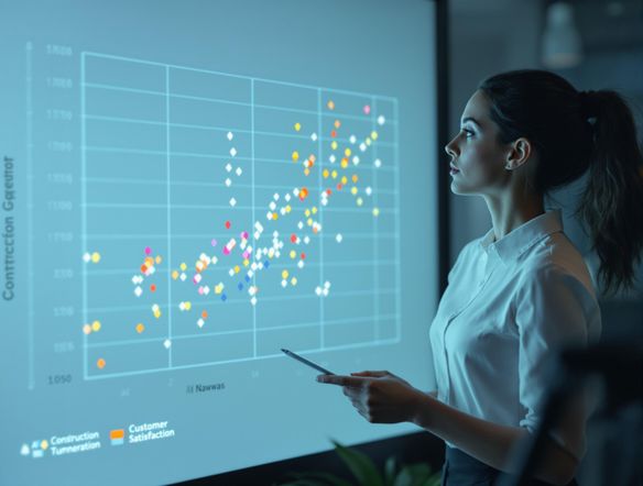 A clear, professional scatterplot illustrating data from an AI house generator. X-axis: 'Construction Cost', Y-axis: 'Customer Satisfaction'. Data points represent different house designs. Highlight clusters with different colors. Clean, minimalist style.