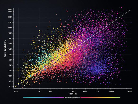 A vibrant scatterplot visualizing data from an AI room design generator. X-axis: 'Room Size', Y-axis: 'Aesthetic Score'. Data points represent individual room designs. Use a color gradient to indicate 'Design Complexity'. Highly detailed, digital art.