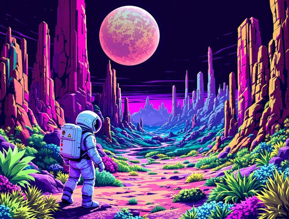 An astronaut exploring a surreal alien planet, 8-bit style generator, low fidelity digital art, blocky textures, vibrant neon colors, distinct retro feel.