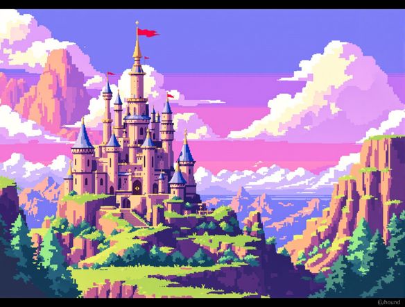 A vibrant 8-bit landscape with a majestic castle, retro aesthetic art generator, pixelated art generator, charming low resolution, vivid color palette.