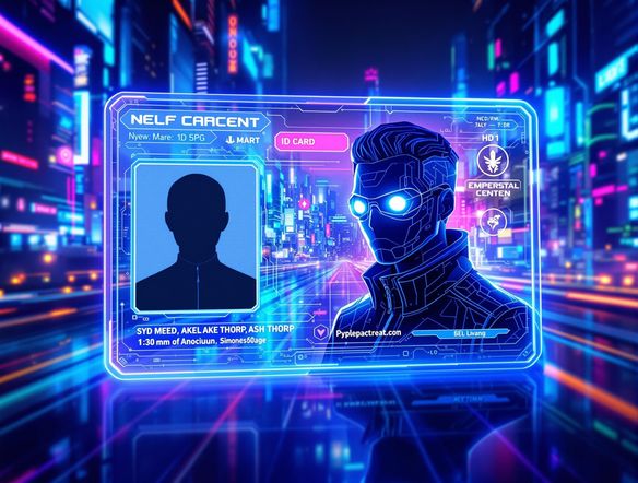 A hyperrealistic fake ID card design featuring a futuristic cityscape in the background, incorporating neon colors and holographic elements. The central figure is a stylized, gender-neutral avatar with glowing eyes. Intricate details, high resolution.