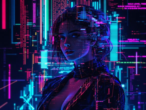 A surreal and abstract portrait, with glowing neon accents and glitching effects, set against a dark digital background.
