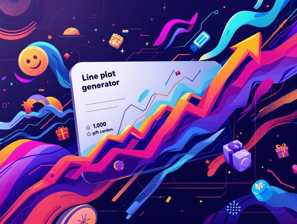 A vibrant gift card design featuring a stylized line plot generator in the background, showcasing an upward trend. Bold colors, modern aesthetic. Incorporate gift icons subtly. High resolution.