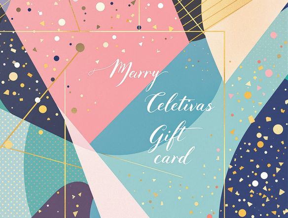 A festive gift card design with elegant typography and a vibrant, celebratory background, featuring a modern, minimalist aesthetic.