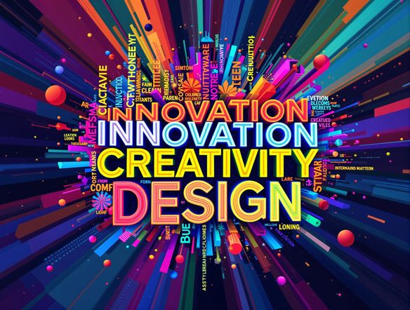 A vibrant word cloud featuring the words 'Innovation,' 'Creativity,' and 'Design,' bursting with color and energy. Abstract background, modern style, high resolution.
