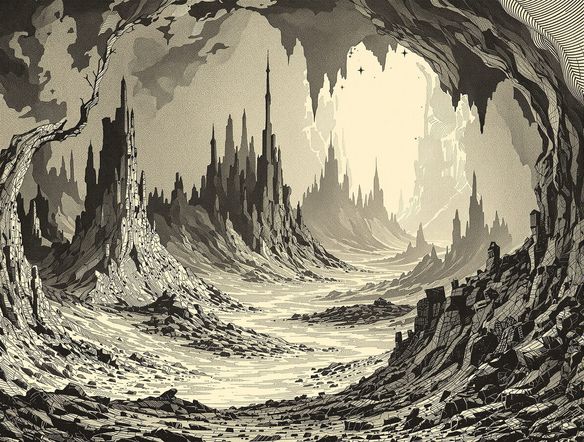 A surreal landscape rendered in a classic lithograph style, featuring dramatic light and shadow, with a subtle textured paper background. Digital art, high detail.