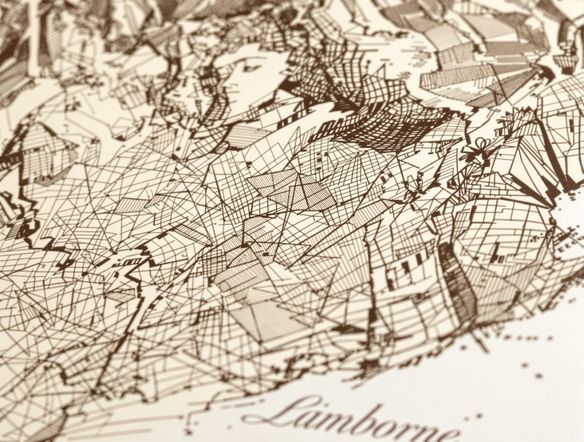 A detailed close-up of a lithograph print, showcasing intricate linework and subtle shading, with a vintage aesthetic. Isolated on a white background, high resolution.