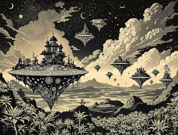 A striking lithograph print of a surreal landscape with floating islands and intricate patterns, in the style of classic stone lithography, with a subtle artistic texture.