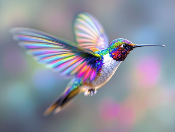 A vibrant hummingbird with blurred wings against a completely transparent background, showcasing intricate detail.