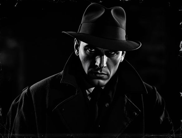 A black and white film noir portrait of a mysterious detective, dramatic shadows, high contrast, cinematic lighting, vintage film grain, 1940s fashion.
