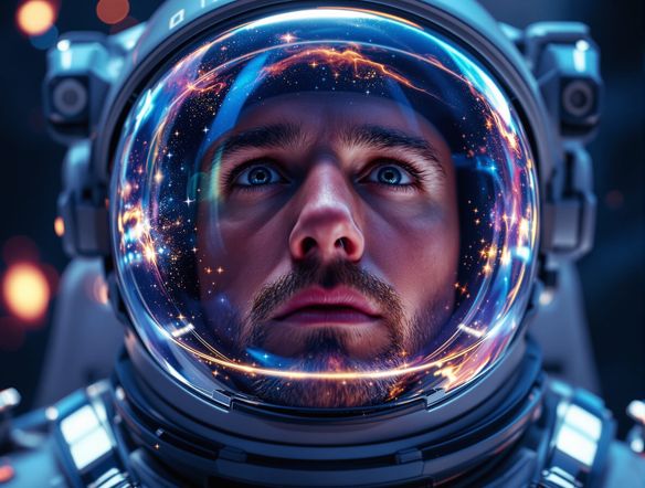 Close-up cinematic portrait of a determined astronaut, dramatic lighting, detailed helmet reflections, nebula in the background, photorealistic style.