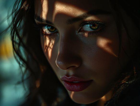 Close-up cinematic portrait of a captivating woman, intense gaze, dramatic chiaroscuro lighting, incredibly detailed skin texture, photorealistic, shallow depth of field, 8k resolution.