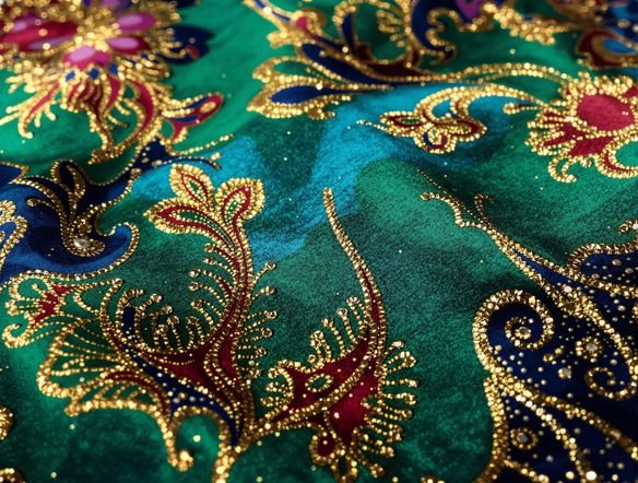 Close-up view of a luxurious fabric featuring a detailed AI-generated batik pattern. The automated wax resist design exhibits a rich texture and deep, saturated colors, highlighting the intricate artistry.