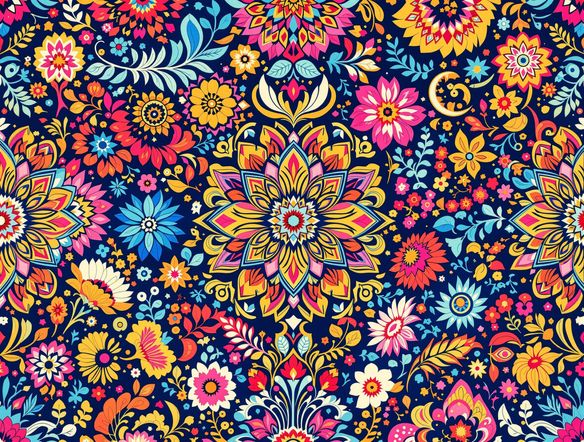 A vibrant and intricate batik pattern generated by AI, showcasing complex geometric shapes and floral motifs, suitable for digital printmaking. Multiple variations of the design are subtly visible.