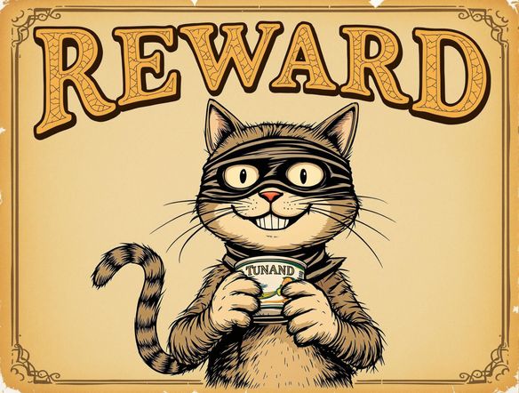 A vintage-style 'Wanted' poster featuring a cartoon cat with a mischievous grin. Headline: 'REWARD'. Details: Wanted for stealing tuna. Style: sepia-toned, aged paper texture.