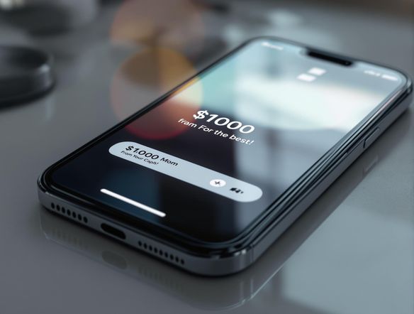 A hyperrealistic Cash App screenshot on an iPhone 14 Pro, showing a $1000 transaction from 'Mom' with the caption 'For being the best!' Style: photorealistic, ultra-detailed.